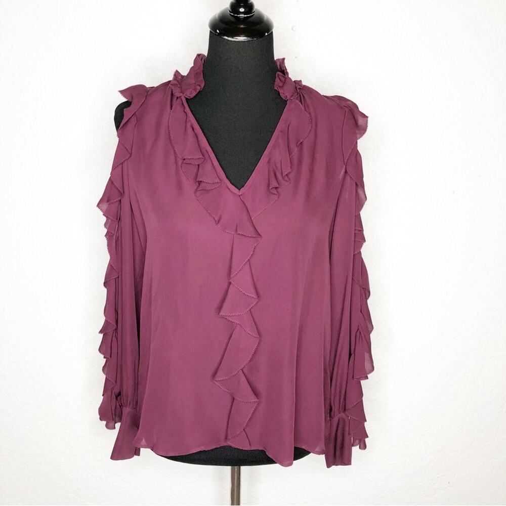 Parker maroon wine silk ruffle trim cold shoulder top size Extra Small XS